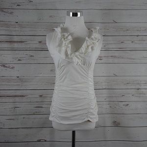 CABI White Sleeveless Ruched Ruffle Neck Top